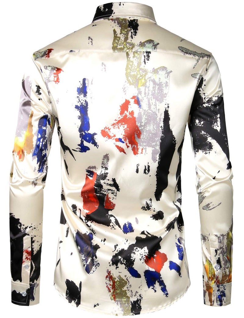 ZEROYAA Men's Hipster Splash Ink Design Silk Like Satin Button Down Dress Shirt for Party Prom ZLCL12-Beige Large - Image 2
